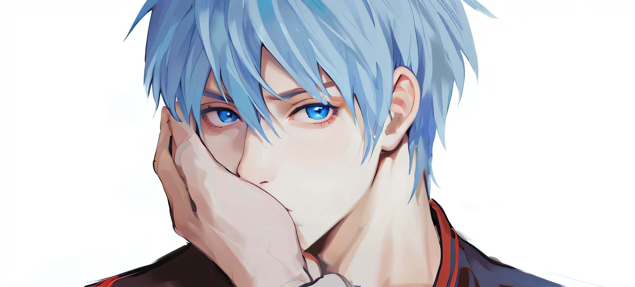 A portrait of a young man,Blue Hair,Blue Eyes,Touch your face,Fine light and shadow,Good-looking facial features,Best quality,Right side lighting