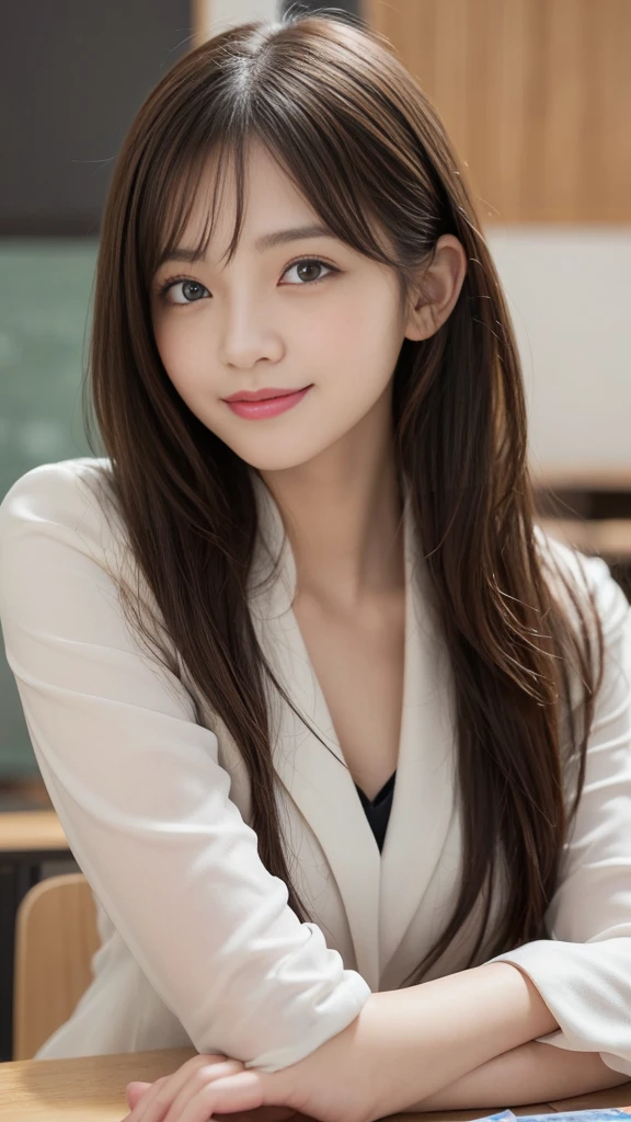 masutepiece, Best Quality, Illustration, Ultra-detailed, finely detail, hight resolution, 8K Wallpaper, Perfect dynamic composition, Beautiful detailed eyes, Suits,Medium Hair, Natural Color Lip, Random and sexy poses,Smile,Classroom、20 years girl、Lifelike face、real looking skin、Realistic eyes、cute little