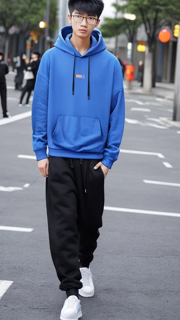 21 year old Beijing boy, he is ((oversized xxl blue plain hoodie)), wearing black Trousers, wearing sneakers, wearing glasses, fully body, (he is 한국 머리카락입니다) Korean style, walking, buzz Hairstyle,foot
