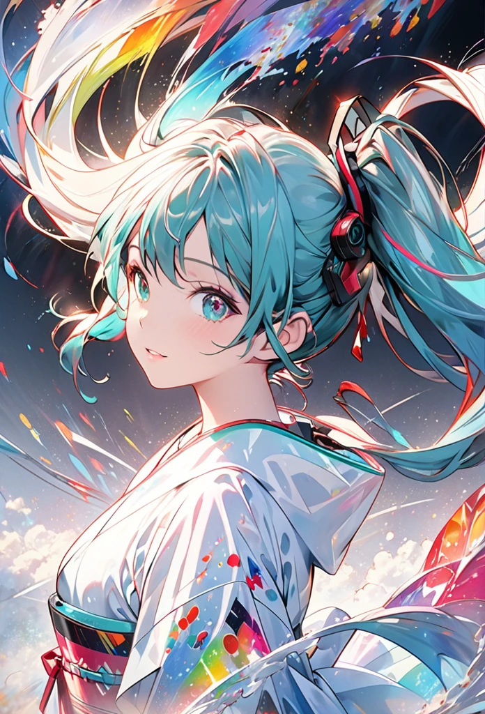 Hatsune Miku,Capturing the Essence of Wind with Liquid Ink，Turned into a whirlwind of pointillism, Traverse the spectrum of multiple random colors, 4k concept art, Extreme details, Wheels within wheels, Luminous canvas, sports, Dynamic, Clear glossy focus, create a perfect female face with Wheels within wheels detail, Gorgeous, best quality, masterpiece