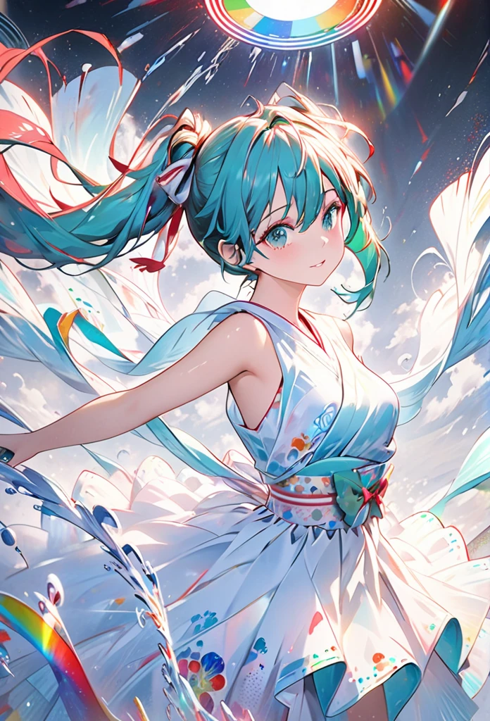 (masterpiece、highest quality、highest quality、Official Art、Beautiful and beautiful:1.2)、(One girl:1.3)Hatsune Miku、Twin tails,Big Breasts,highest quality, Super quality, 16k, Beautiful slender beauty, Excited expression, White rhythmic gymnastics uniform (Gold embroidery:0.3), Graceful dance, Wind, Wind-effects, Simple background, Fantastic and mysterious, Professional Lighting