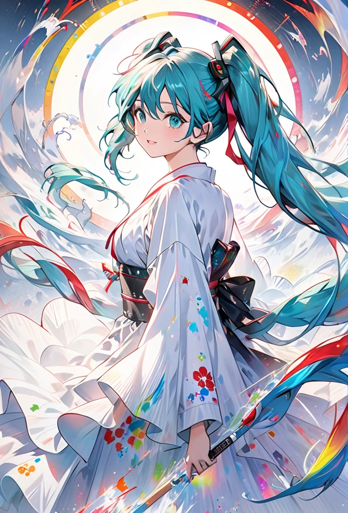 Hatsune Miku,Capturing the Essence of Wind with Liquid Ink,Turned into a whirlwind of pointillism, Traverse the spectrum of multiple random colors, 4k concept art, Extreme details, Wheels within wheels, Luminous canvas, sports, Dynamic, Clear glossy focus, create a perfect female face with Wheels within wheels detail, Gorgeous, best quality, masterpiece