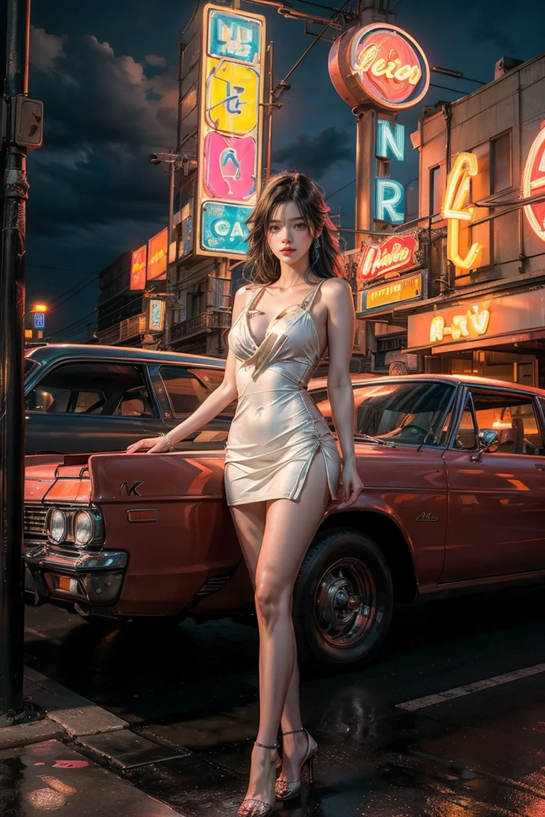 ((masterpiece, best quality, Best image quality, high resolution, realistic, raw photo, 8K)), Araped view of motel with cars parked in front, with neon sign, Woman waiting for guests in front of motel, Temptation, short dress and high heels, route 66, neon sign, 1 9 5 0 Second Americana Tourism, some have neon sign, Neon Lights Outside, neon advertising, gigantic neon sign, neon stores, few neon sign, neon sign in background,