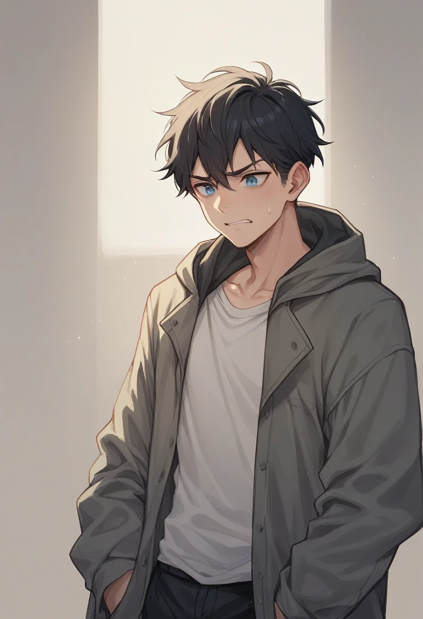 boy, black hair and blue eyes with disinterested expressiòn