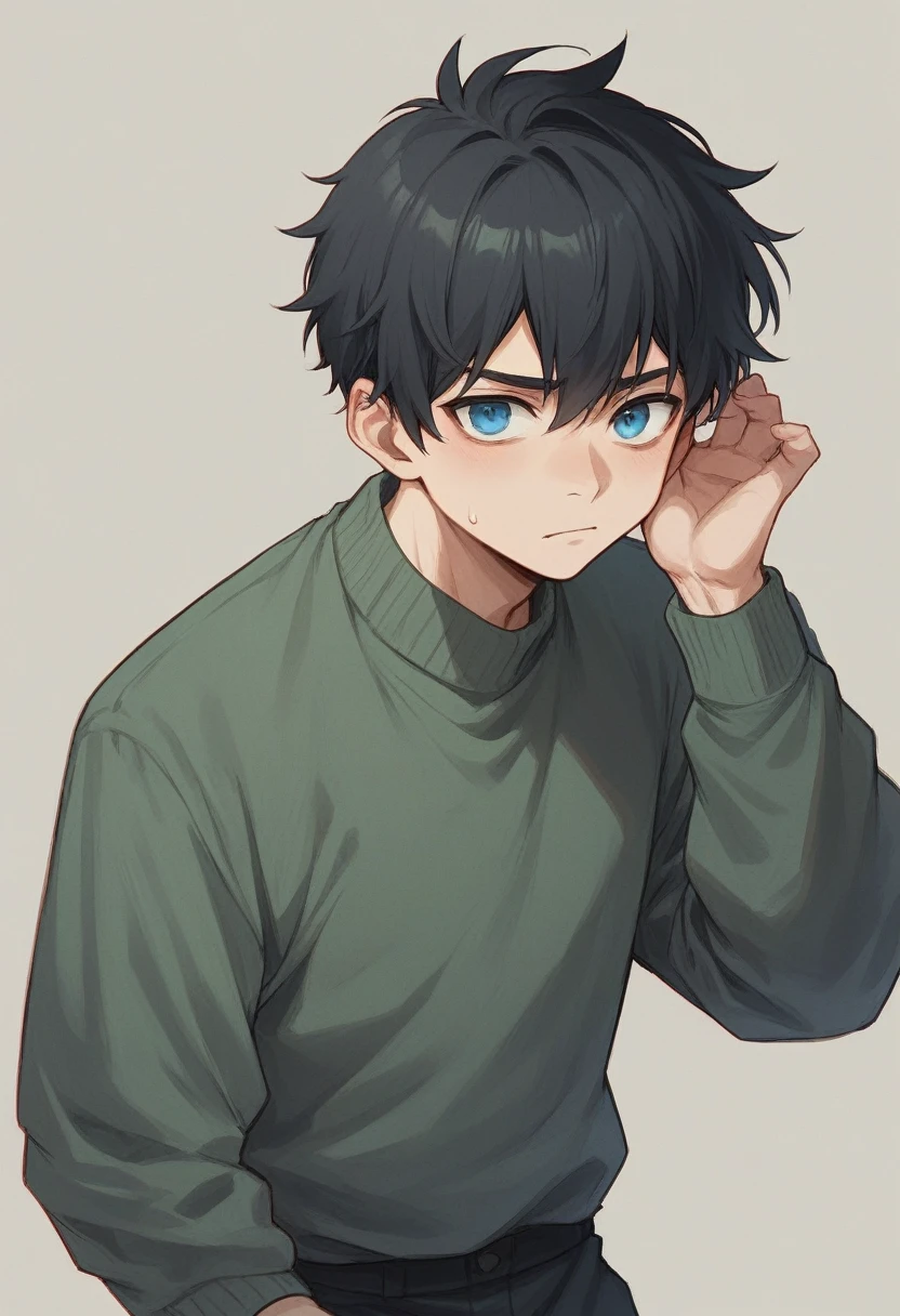Little boy, black hair and blue eyes with disinterested expressiòn