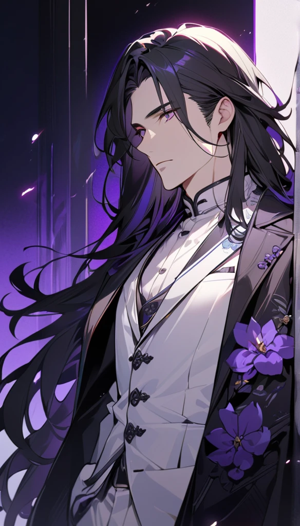 (masterpiece:1.5),best quality,(1 Handsome and calm man),alone,black hair,(long hair:1.5), (purple eyes), (cold and distant expression),perfect face,Fantasy Chinese style,Long black trench coat,Purple cloth,Complex clothing design with Chinese elements,Black leather gloves,white lining,White suit pants,Slightly muscular body,High,8K,Beautiful contrast of light and shadow,purple flower,Dark luxury background,(complete upper body),Positive face