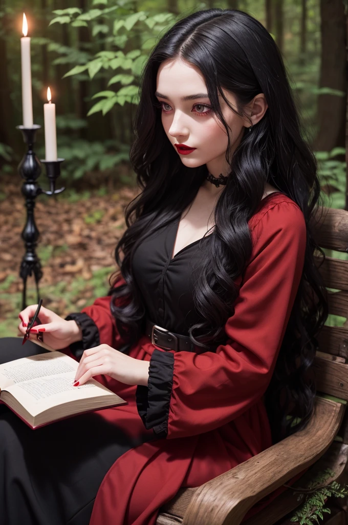 woman, black wavy long hair, red eyes, red lipstick, red witchy dress, holding a black candle, sitted on woods and reading a witchcraft book