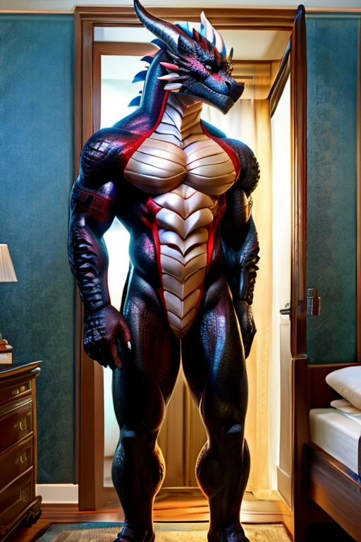 red dragon boy, furry, mascle, defined body, barebody, visible draconic rift (closed vagina)) , smooth and shiny scales, in the bedroom, standing, anatomical correct, アニメ