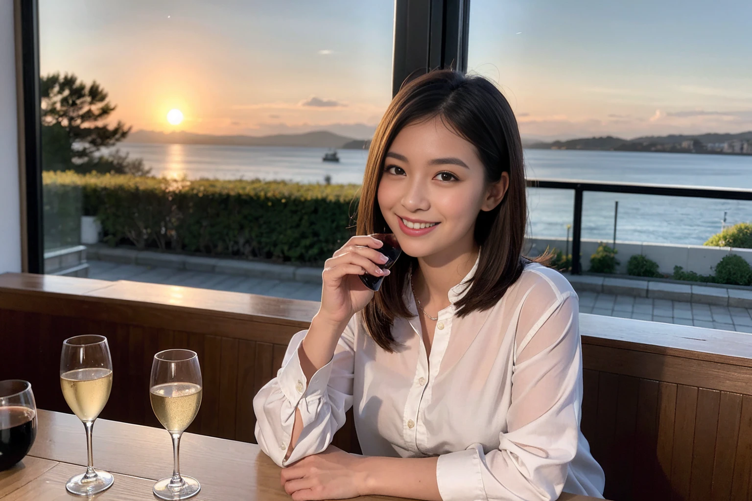 ((Highest quality、、masterpiece:1.3))、1 handsome man and 1 handsome woman、Slim Lover、Ayase Haruka、Beautiful couple、smile、full-course dinner、 (Slim face), (the body is ス??), (Brown Hair), (Shortcuts), ((Bob Hale、Straight hair:1.2)), テーブルの上のwine glass、Shine light on your face、 Amazing view of the sunset sky and clouds、smileの美しさ、Bright image、Blushing, Shortcuts, (43 years old), 39 years old、Wine bottle、Champagne、sparkling wine、Long sleeve shirt、dress、Attractive beauty、restaurant, Nova Frog Style, actress, model, Upper Body, White wine, red wine, wine glass, 