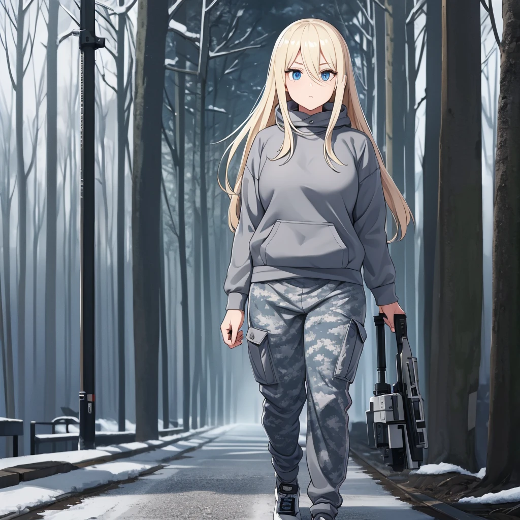 A woman wearing a gray sweatshirt, wearing military gray and white camouflage jogger pants, walking on a concrete road in a forest in the cold period, snow around, blonde hair, long hair, blue eyes, cold cap,. UHD , prime work , accurate , anatomically correct , textured skin , super details , high quality , best quality, 8k, high resolution, bokeh effect. (woman alone).standing posture.
