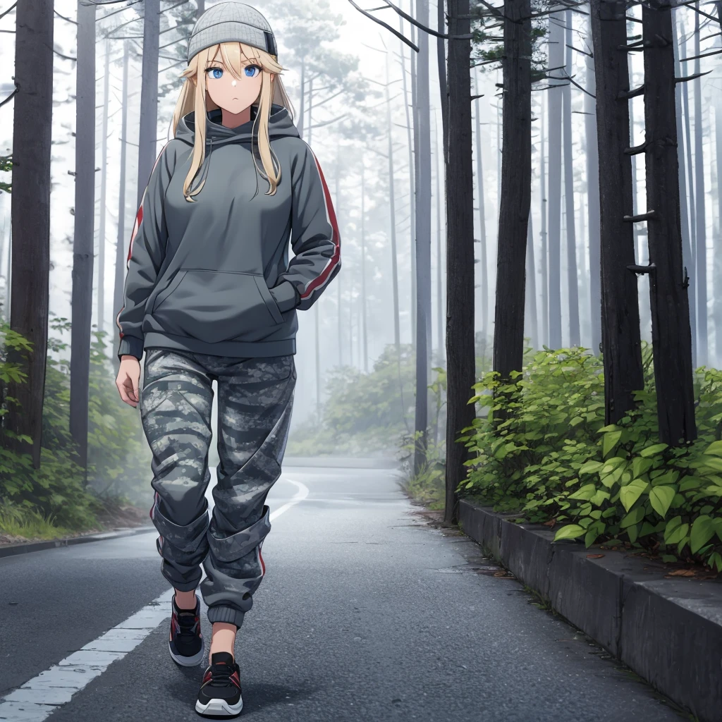 A woman wearing a gray sweatshirt, wearing military gray and white camouflage jogger pants, walking on a concrete road in a forest in the cold period, snow around, blonde hair, long hair, blue eyes, cold cap,. UHD , prime work , accurate , anatomically correct , textured skin , super details , high quality , best quality, 8k, high resolution, bokeh effect. (woman alone).standing posture.