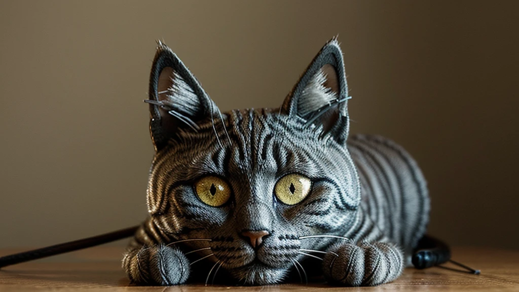 A close up of a wire art cat face with its eyes closed and head leaning down, a fuzzy background, sumatraism, head portrait, Alex Petruk