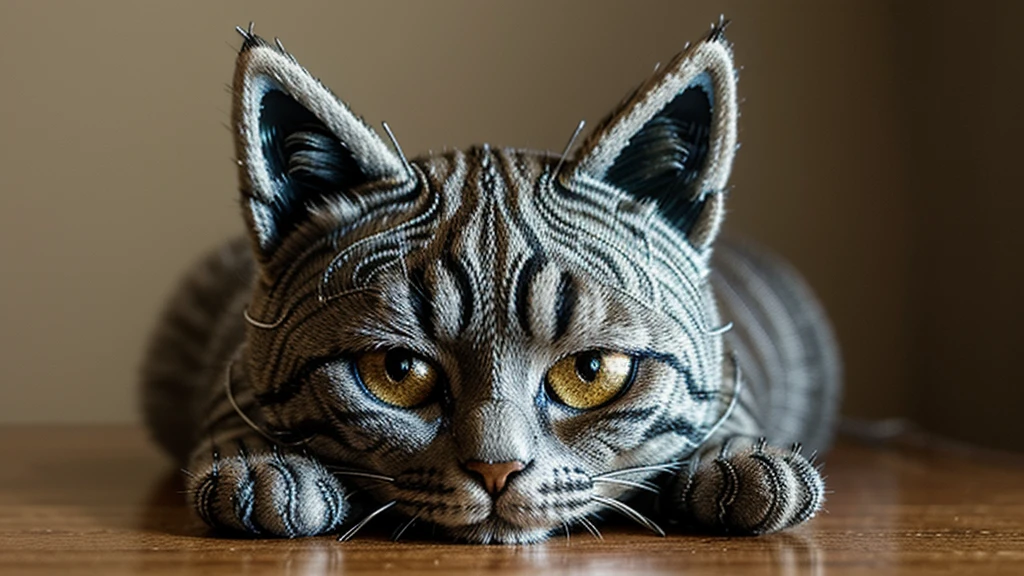 A close up of a wire art cat face with its eyes closed and head leaning down, a fuzzy background, sumatraism, head portrait, Alex Petruk