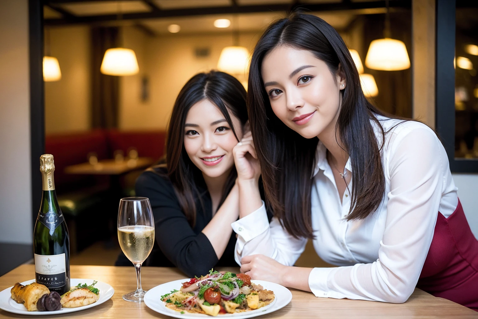 ((Highest quality、、masterpiece:1.3))、1 male、1 female、spouse、Beautiful couple、smile、full-course dinner、 (Slim face), (the body is スリム), (Brown Hair), (Shortcuts), ((Bob Hale、Straight hair:1.2)), テーブルの上のwine glass、Shine light on your face、 Amazing view of the sunset sky and clouds、smileの美しさ、Bright image、Blushing, Shortcuts, (43 years old), 39 years old, Appetizers、Italian food、Wine bottle、Champagne、sparkling wine、Long sleeve shirt、dress、Attractive beauty、restaurant, Nova Frog Style, actress, model, Upper Body, White wine, red wine, wine glass, 