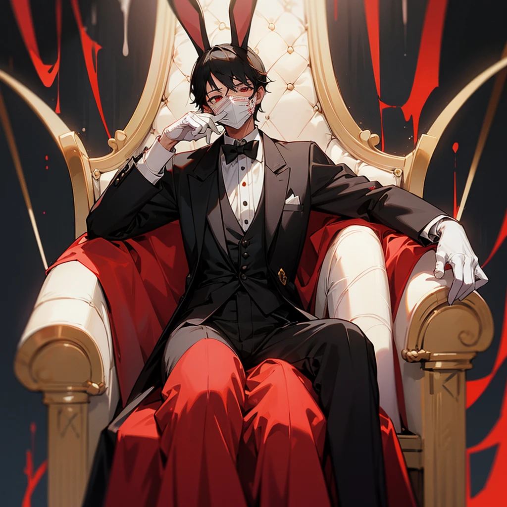 man with a bunny mask sitting in a throne, blood splatter, tuxedo