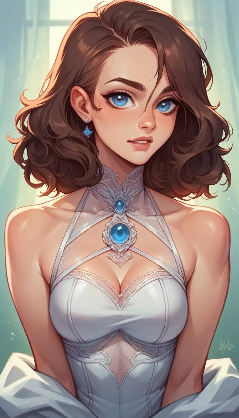 score_9, score_8_up, score_7_up, Katara, 1girl, blue eyes, solo, two curly top hair knot buns with two curly hair strands on the side, strapless bathing suit, small breasts, cleavage, jewellery, 1girl, solo, close up