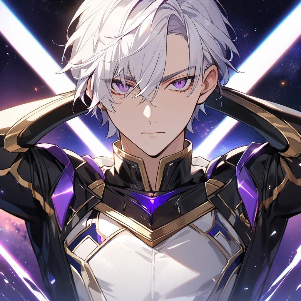 High quality, HD, 4k, no shadows, handsome male, 1male, 17 years old, teenager, golden lining, short white hair, sharp eyes, dark purple eyes, deep purple eyes, devil may cry, close up, calm expression, stoic expression, black leather clothes, white leather clothing, lean body, well trained body, upper body, looking at viewer, cowboy shot, white solar, space background
