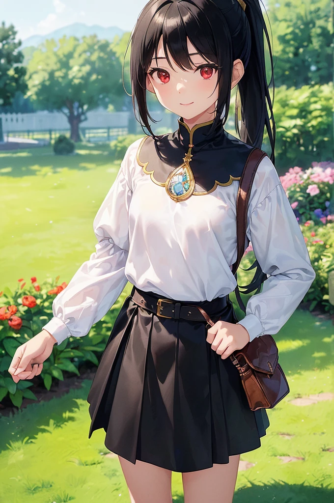 (masterpiece; best quality: 1.2), (finely detailed eyes: 1.3), ((10 year old female kid)), ((solo)), (red eyes: 1.4), (body; short, slender, small breasts: 1.3), (black hair in ponytail: 1.3), (beautiful and clear background: 1.2), ((depth of field)), (clothes: wanderer mage attire + white-and-gold wide-sleeve high-neck shirt + long black skirt + belts + traveler pouches and satchel: 1.3), (anime illustration: 1.2), (background; garden exterior: 1.1), (extremely fine and beautiful: 1.1), (shot composition; standing + centered on torso + close-up: 1.5), (expression; calm, smile: 1.2)