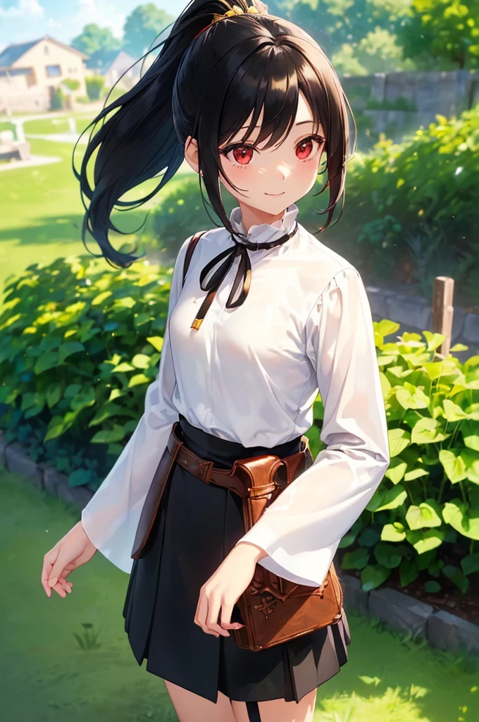 (masterpiece; best quality: 1.2), (finely detailed eyes: 1.3), ((10 year old female ???)), ((solo)), (red eyes: 1.4), (body; short, slender, small breasts: 1.3), (black hair in ponytail: 1.3), (beautiful and clear background: 1.2), ((depth of field)), (clothes: wanderer mage attire + white-and-gold wide-sleeve high-neck shirt + long black skirt + belts + traveler pouches and satchel: 1.3), (anime illustration: 1.2), (background; garden exterior: 1.1), (extremely fine and beautiful: 1.1), (shot composition; standing + centered on torso + close-up: 1.5), (expression; calm, smile: 1.2)