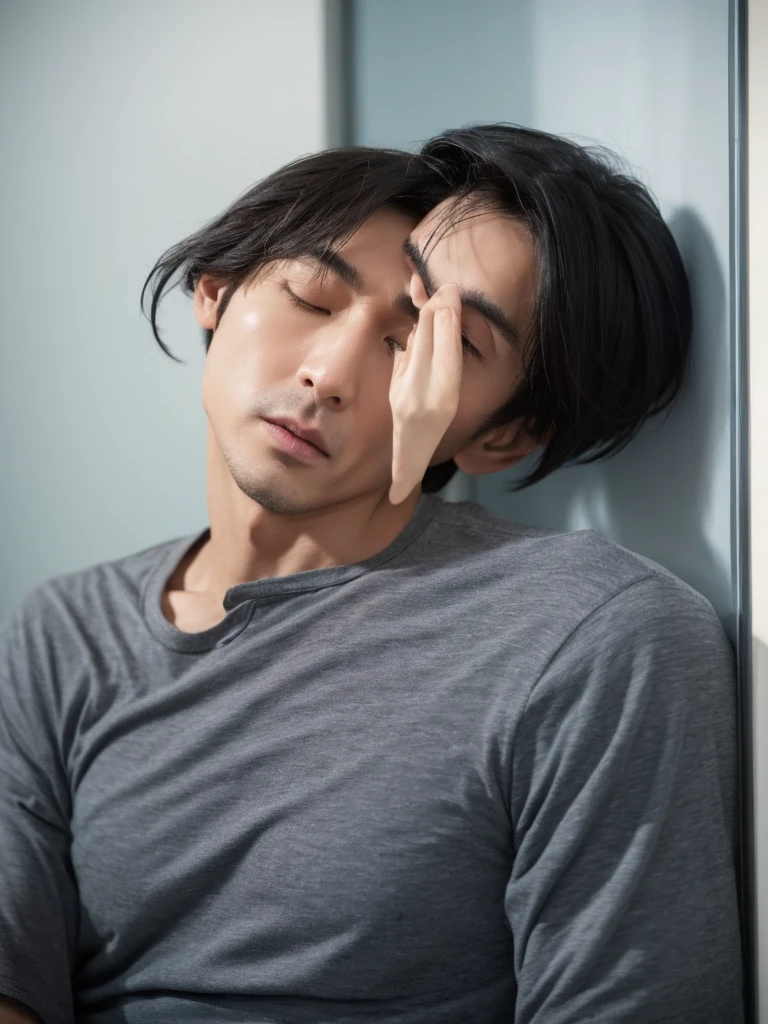 male, middle-aged, man, emaciated, pale skin, jacket, plain t-shirt, scrawny, tall, sanpaku, eyes half-closed, black eyes, black hair, center part,long bob, looking at viewer, frowning, puzzled, japanese, stubble, hooked nose, dry skin, hollow cheek, long face,