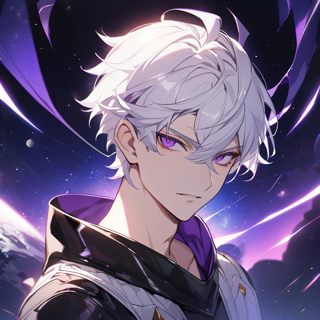 High quality, HD, 4k, no shadows, handsome male, 1male, 17 years old, teenager, golden lining, short white hair, sharp eyes, dark purple eyes, deep purple eyes, devil may cry, close up, calm expression, stoic expression, black leather clothes, white leather clothing, lean body, well trained body, upper body, looking at viewer, cowboy shot, white solar, space background