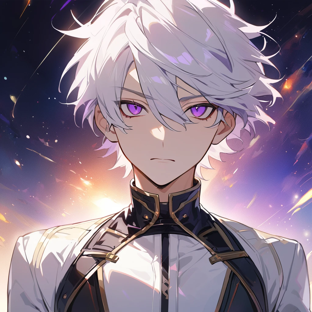High quality, HD, 4k, no shadows, handsome male, 1male, 17 years old, teenager, golden lining, short white hair, sharp eyes, dark purple eyes, deep purple eyes, devil may cry, close up, calm expression, stoic expression, black leather clothes, white leather clothing, lean body, well trained body, upper body, looking at viewer, cowboy shot, white solar, space background