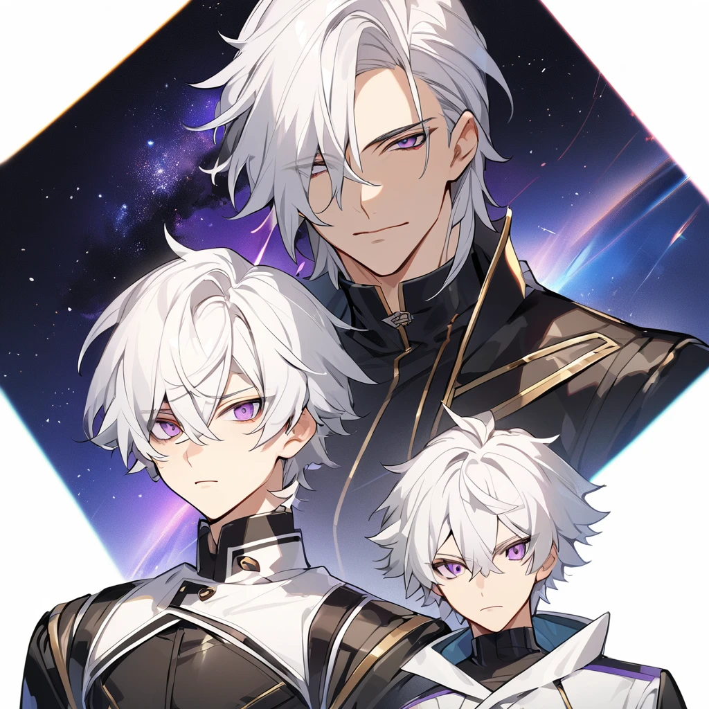 High quality, HD, 4k, no shadows, handsome male, 1male, 17 years old, teenager, golden lining, short white hair, sharp eyes, dark purple eyes, deep purple eyes, devil may cry, close up, calm expression, stoic expression, black leather clothes, white leather clothing, lean body, well trained body, upper body, looking at viewer, cowboy shot, white solar, space background