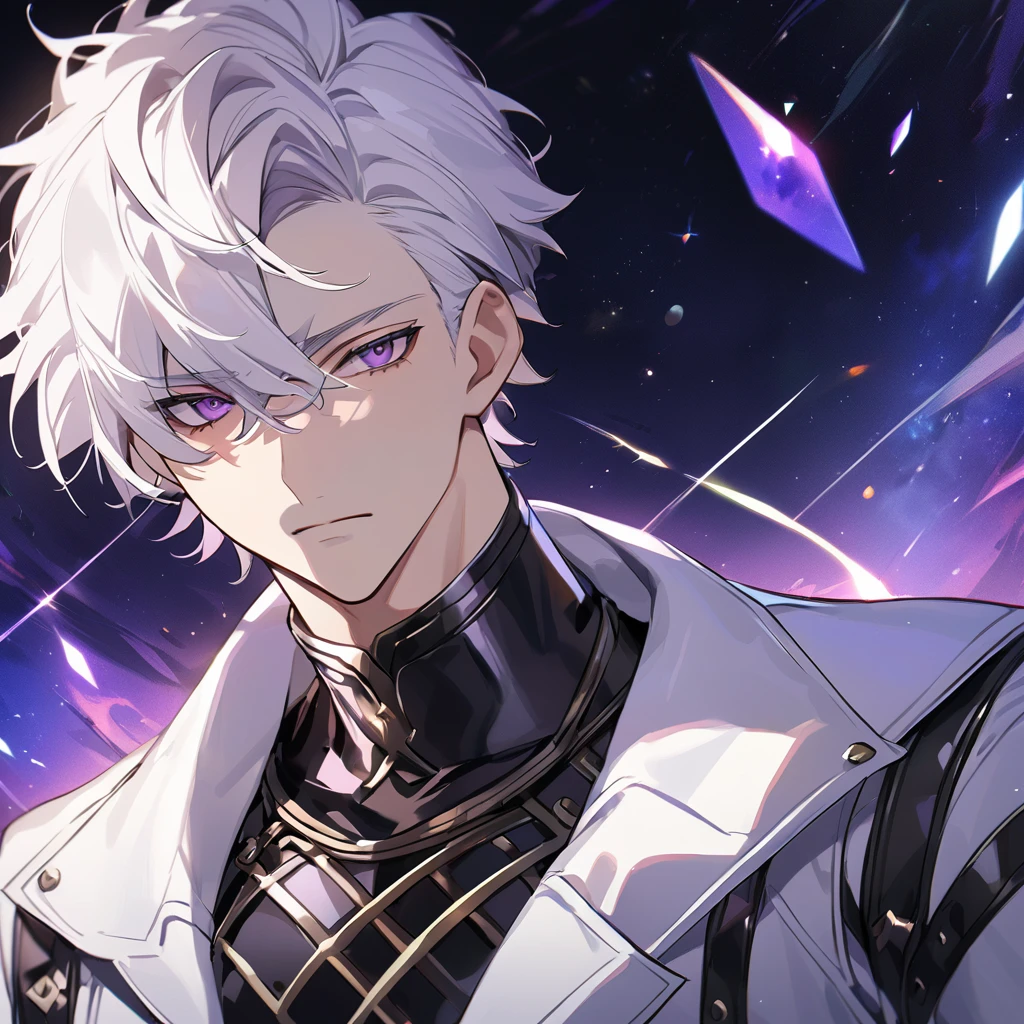 High quality, HD, 4k, no shadows, handsome male, 1male, 17 years old, teenager, golden lining, short white hair, sharp eyes, dark purple eyes, deep purple eyes, devil may cry, close up, calm expression, stoic expression, black leather clothes, white leather clothing, lean body, well trained body, upper body, looking at viewer, cowboy shot, white solar, space background