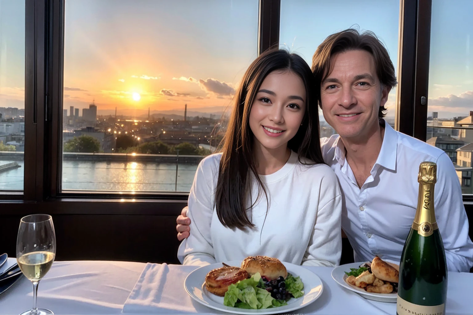 ((Highest quality、8K,masterpiece:1.3))、1 male 1 female、Slim lover、Rei Dan、Beautiful couple、smile、full-course dinner、 (Slim face), (the body is スリム), (Brown Hair), (Shortcuts), ((Bob Hale、Straight hair:1.2)), テーブルの上のwine glass、Shine light on your face、 Amazing view of the sunset sky and clouds、smileの美しさ、Bright image、Blushing, Shortcuts, (43 years old), 39 years old, Appetizers、Italian food、Wine bottle、Champagne、sparkling wine、Long sleeve shirt、dress、Attractive beauty、restaurant, Nova Frog Style, actress, model, Upper Body, White wine, red wine, wine glass, 