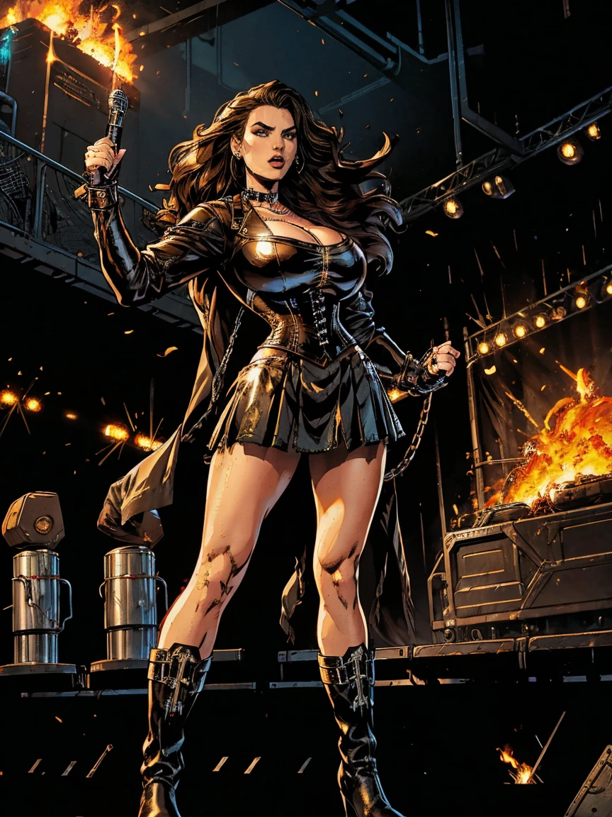 Extremely busty thin and toned brunette death metal singer, college girl, fair skin, big hair, hair pulled back, soft face, athletic, heavy makeup, piercings, black leather, studs, corset, boots, fingerless gloves, tight skirt, chains. standing on a stage, pyrotechnics, holding a microphone, metal concert. (microphone, fist in the sky), angry, rage, screaming. Heavy metal. Death metal. Explosions, fire.