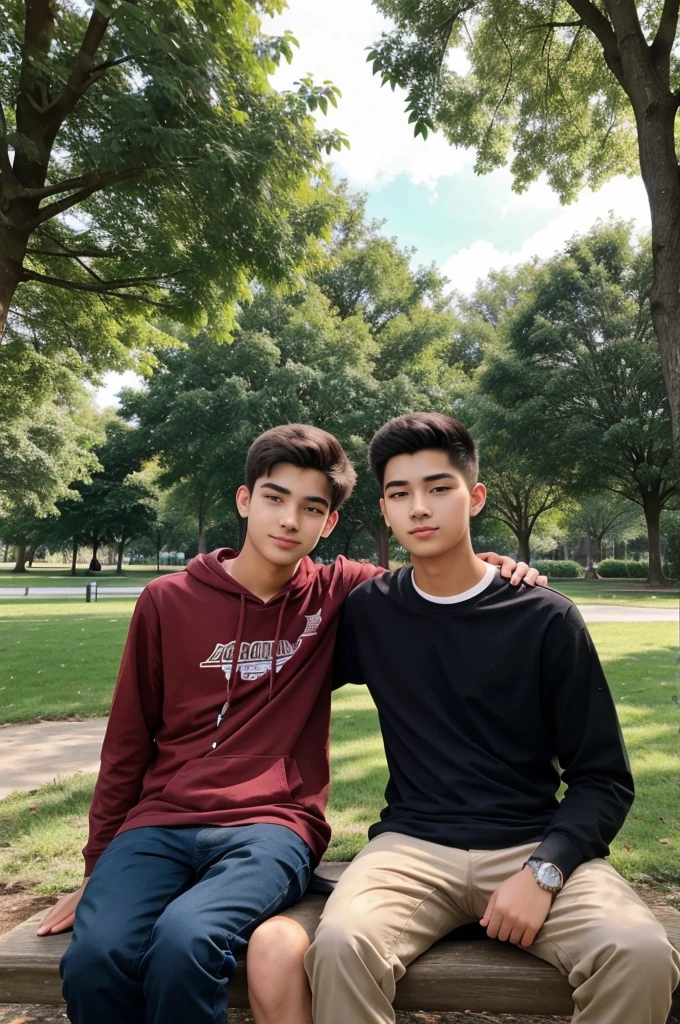 A 19-year-old boy is sitting in the park with his girlfriend