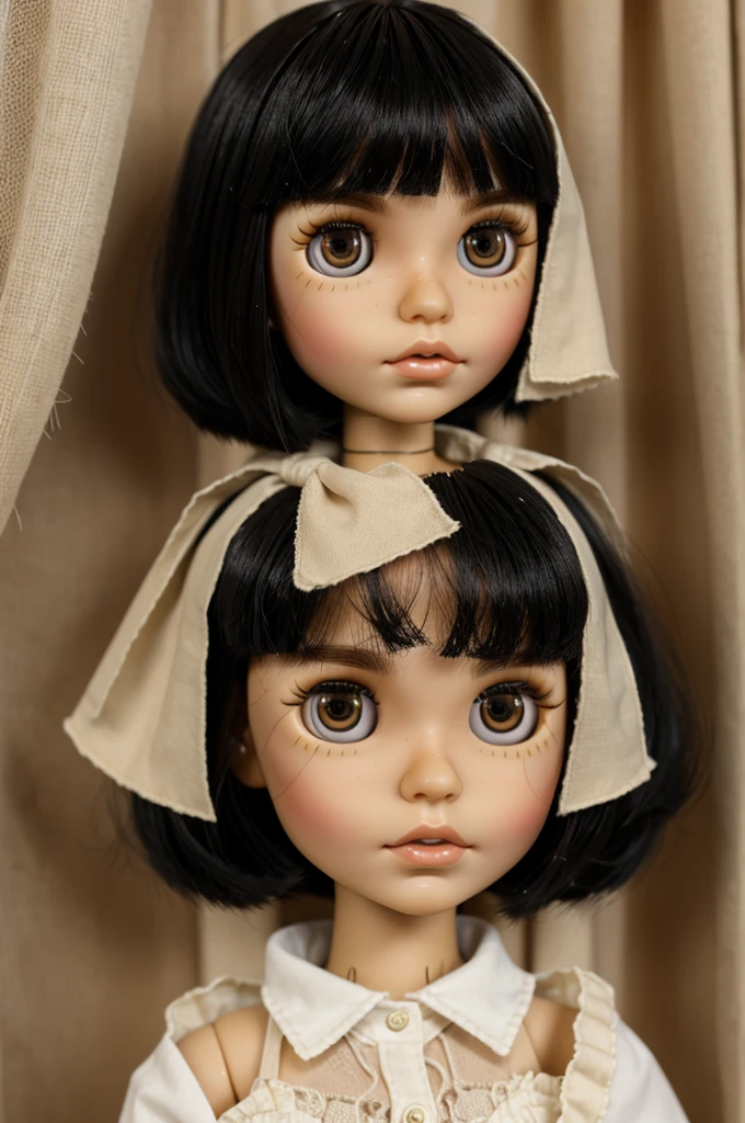Blythe doll chica, black hair with wolft cut and curtain bangs, eyes slightly slanted and hazel, beige skin,