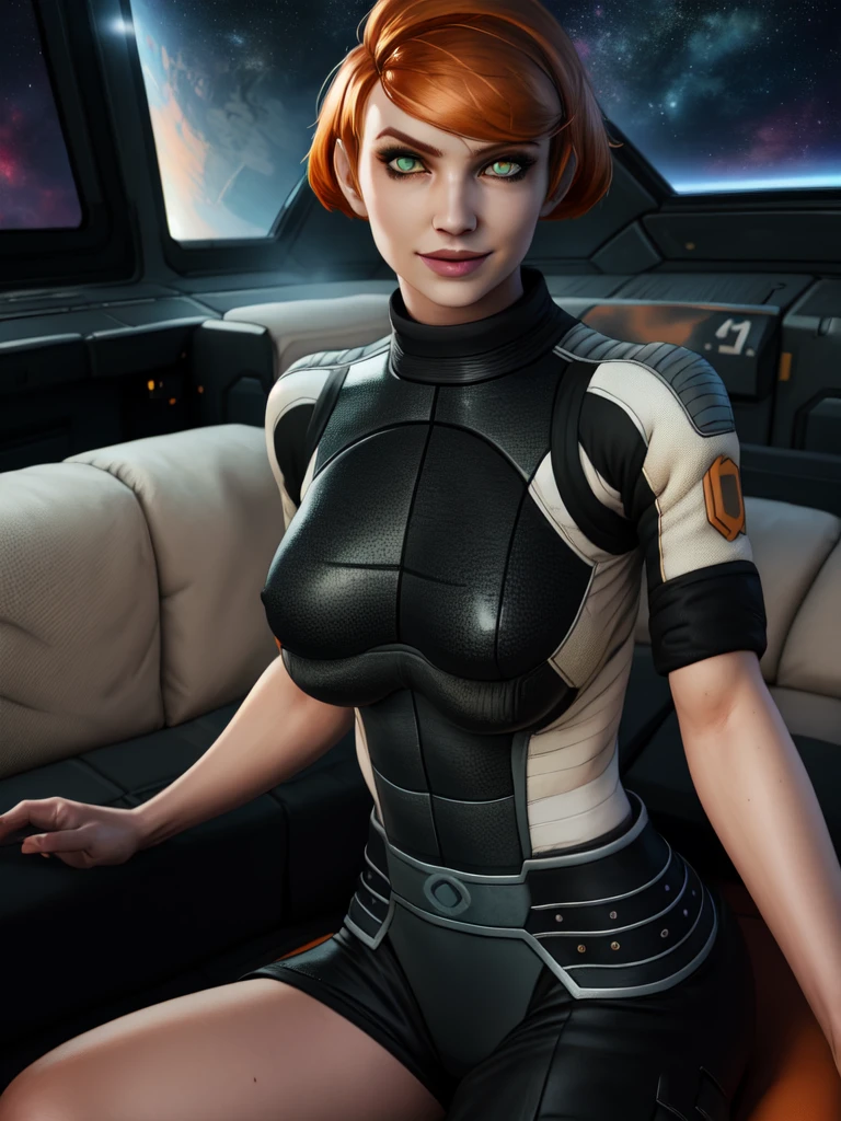 kelly, short hair, orange hair, green eyes, ,(((4breasts)))
white and black bodysuit, short hair, pants,
sitting, upper body, looking at viewer, light smile,
space ship, indoors,
(insanely detailed, beautiful detailed face,beautiful detailed eyes, masterpiece, best quality),