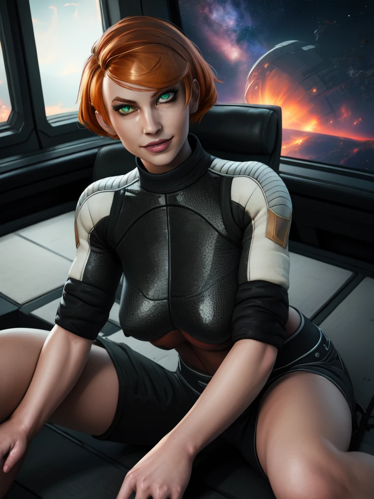 kelly, short hair, orange hair, green eyes, ,(((4breasts))) 
white and black bodysuit, short hair,   pants, 
sitting,   upper body,   looking at viewer,  light smile, 
space ship, indoors,  
(insanely detailed, beautiful detailed face,beautiful detailed eyes, masterpiece, best quality),
 