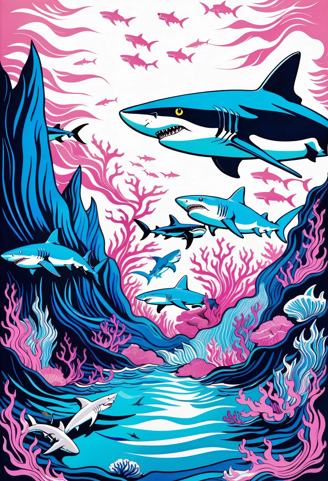 Deep blue fantasy landscape, Van Gogh style, Many cartoon sharks,Underwater swimming effect, Clear focus, Pink background,