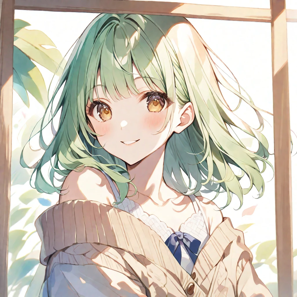 独奏, handsome, Watercolor ,
1. Female, 
Straight hair, Bob hair,light green Hair,brown eyes＆Soft look ,
Nakano Nino,18 years old,
Off the shoulder,cardigan,knit,skin,smile,White background