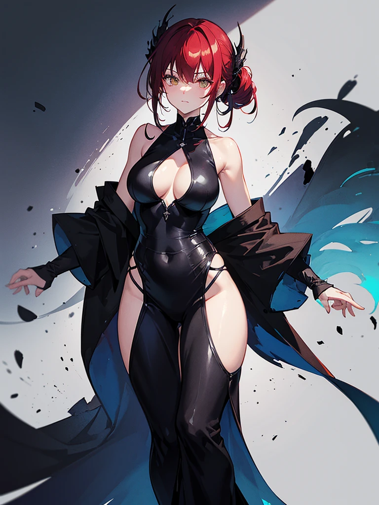 Black clothes, The skin is hidden, I was wearing long pants,cool,Dressed in a black robe, Toned body, Wine red hair, one big woman,Updo, Nervous,Cowboy Shot, sketch (Character design sheet, same characters, whole body, Three-View, front, ~ ~ ~ side, return),(Very bright:1.1), White Background, [1 Girl:7], (Tilt your head:1.2), ([sketch|watercolor \(Moderate\)]:1.15), (Ink blotches:1.1), (pale:1.2), Chaotic Abstract Background, Vector Trace, Gradient Blending, Bright colors, that&#39;wonderful, Very detailed, Complex, (Very low contrast:1.4)