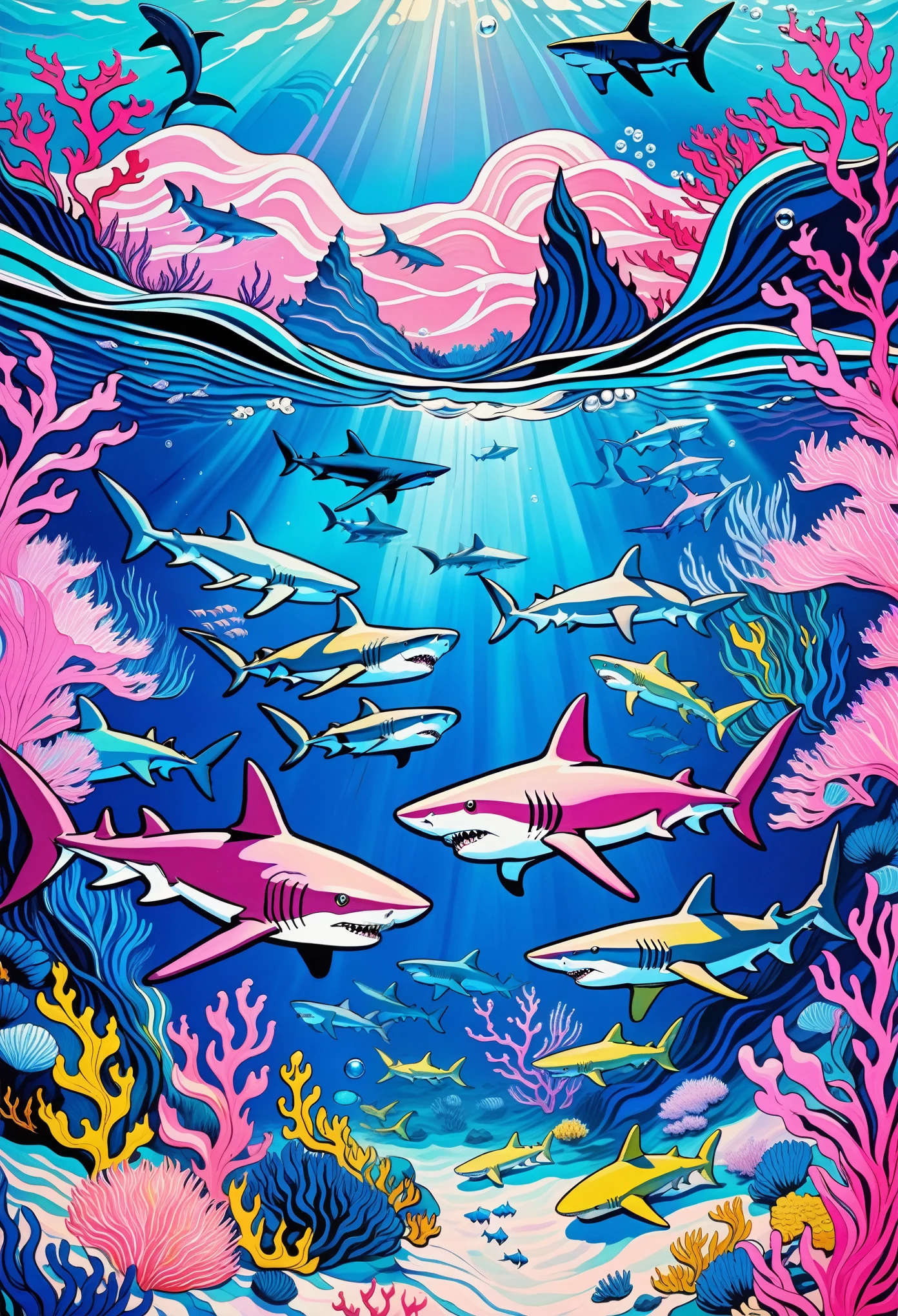 Deep blue fantasy landscape, Van Gogh style, Many cartoon sharks,Underwater swimming effect, Clear focus, Pink background,