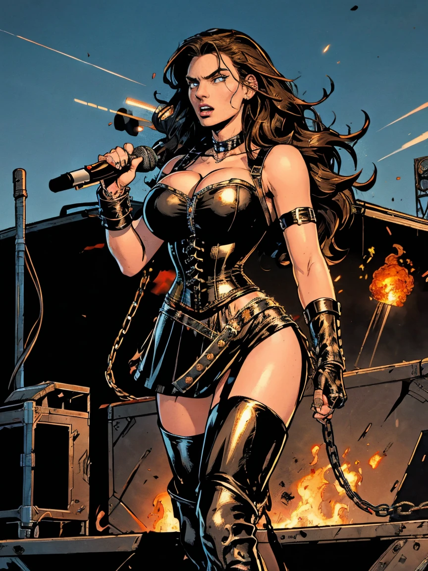Extremely busty thin and toned brunette death metal singer, college girl, fair skin, big hair, hair pulled back, soft face, athletic, heavy makeup, piercings, black leather, studs, corset, boots, fingerless gloves, tight skirt, chains. standing on a stage, pyrotechnics, holding a microphone, metal concert. (microphone, fist in the sky), angry, rage, screaming. Heavy metal. Death metal. Explosions, fire.
