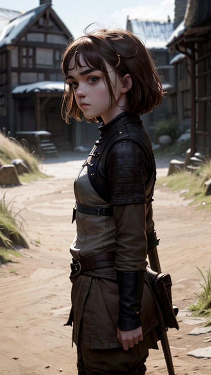 8k, Maisie Williams face, pale skin, toned abs, small breast, round ass, her round ass visible, brown hair, Maisie Williams as Arya Stark, torn ragged peasant clothes, standing stance, winterfell in background