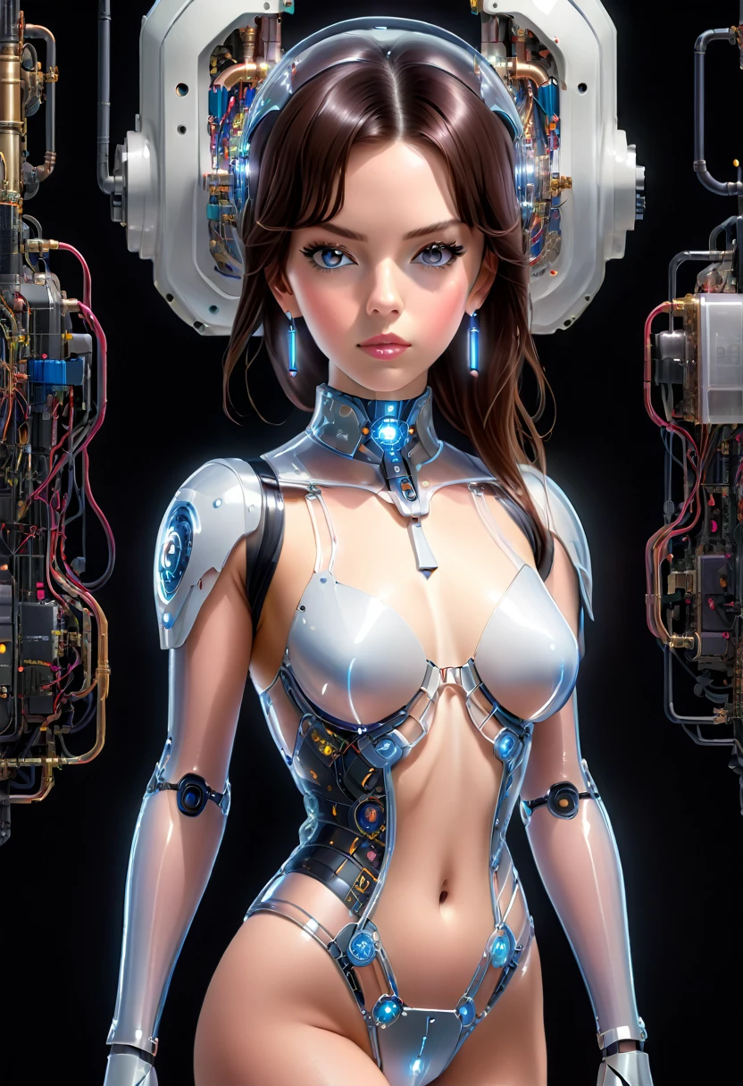 The portrait de cuerpo entero of an sexual android with the appearance of a beautiful young woman, anatomically correct, which has a semitransparent body, which allows you to see parts of its circuits, mechanical and organic parts and with the style of illustrator Lee Evans.