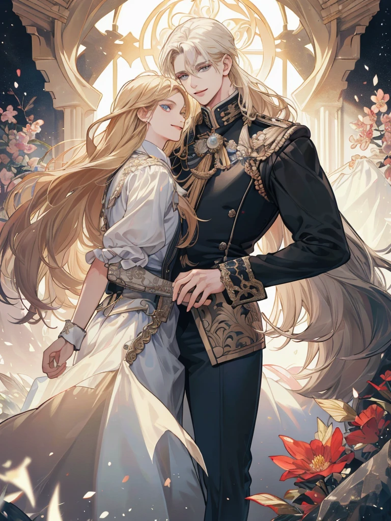 (Extremely refined:1.2), 8K, (masterpiece, the best:1.2), (Two men:1.3), Full Body Love, Handsome man with long blond hair, Middle-aged man with short black hair, Uniforms, knight, Intricate details, Delicate eyes and delicate face, Perfect eyes, Equal eyes, (Male God), Floral scent, a smile