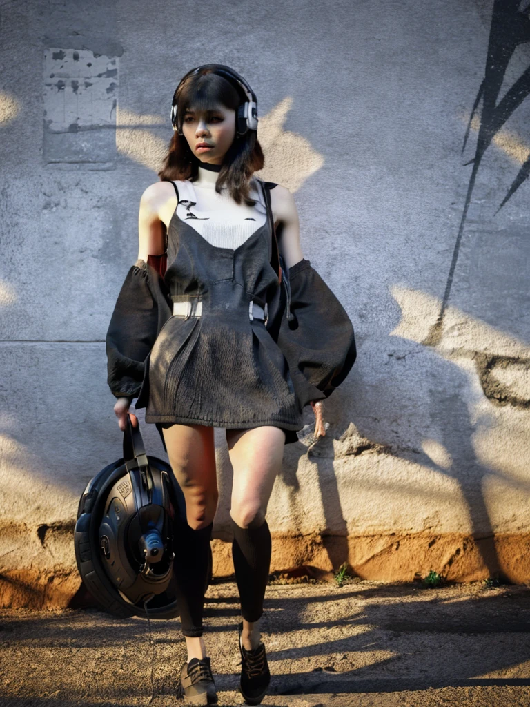 Alone girl , black outfit , alone road , headphone, mobile,walking