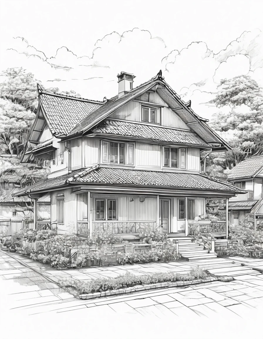 House with close-up of roof, white background, few line drawing illustrations,