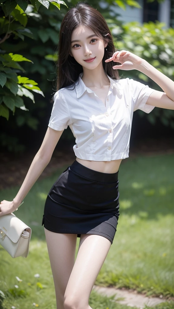 RAW, masterpiece, best quality, extremely detailed, 8k, HDR, photorealistic, intricate, (A Korean skinny girl), (black straight hair), (extremely-slim body), (narrow and small hips:1.3), (pale-porcelain skin), smile, standing, outdoors, wearing a (fully buttoned down short sleeves shirt), and (black extremely-short microskirt:1.4), (close-up picture) 