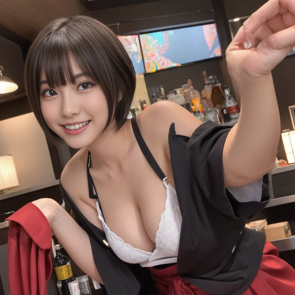 (1 ultra cute japanese girl, short hair:1.5), part-time job at a bar,detailed face, ultra detailed eyes, incredible beautiful eyes, symmetry dropped eyes,charming eyes, No makeup, big smile,Enthusiastic belly laugh, open mouth, best quality, 4k, 8k, highres, masterpiece, ultra-detailed, realistic, photorealistic, photo-realistic, HDR, UHD, studio lighting, ultra-fine painting, sharp focus, physically-based rendering, extreme detail description, professional, vivid colors, bokeh