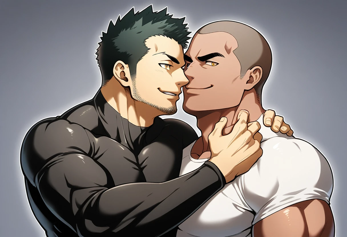 anime characters:Two superheroes in tights, Priapus and Muscle skinhead buddhist monk, negro black skin, They hugged and kissed each other, Bite your neck, Caress, Manliness, male focus, Yellow and black high collar long sleeve tight T-shirt, Slightly transparent material, Very tight, Round, full and perky chest muscles, Muscle waist, Slightly transparent, muscular male, muscular, only, Upper body, alone, Black short hair, Thick eyebrows, stubble, Yellow eyes, Grey background, simple background, amazing quality, best aesthetics, Ridiculous, bright pupils, crew cut, parted lips, seductive smile, torogao, naughty face, drop shadow, best quality