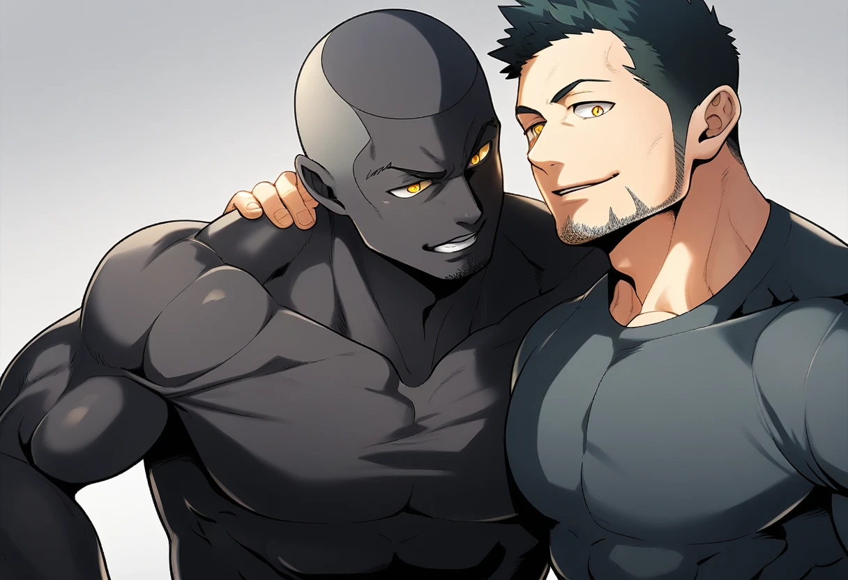 anime characters:Two superheroes in tights, Priapus and Muscle skinhead buddhist monk, negro black skin, They hugged and kissed each other, Bite your neck, Caress, Manliness, male focus, Yellow and black high collar long sleeve tight T-shirt, Slightly transparent material, Very tight, Round, full and perky chest muscles, Muscle waist, Slightly transparent, muscular male, muscular, only, Upper body, alone, Black short hair, Thick eyebrows, stubble, Yellow eyes, Grey background, simple background, amazing quality, best aesthetics, Ridiculous, bright pupils, crew cut, parted lips, seductive smile, torogao, naughty face, drop shadow, best quality