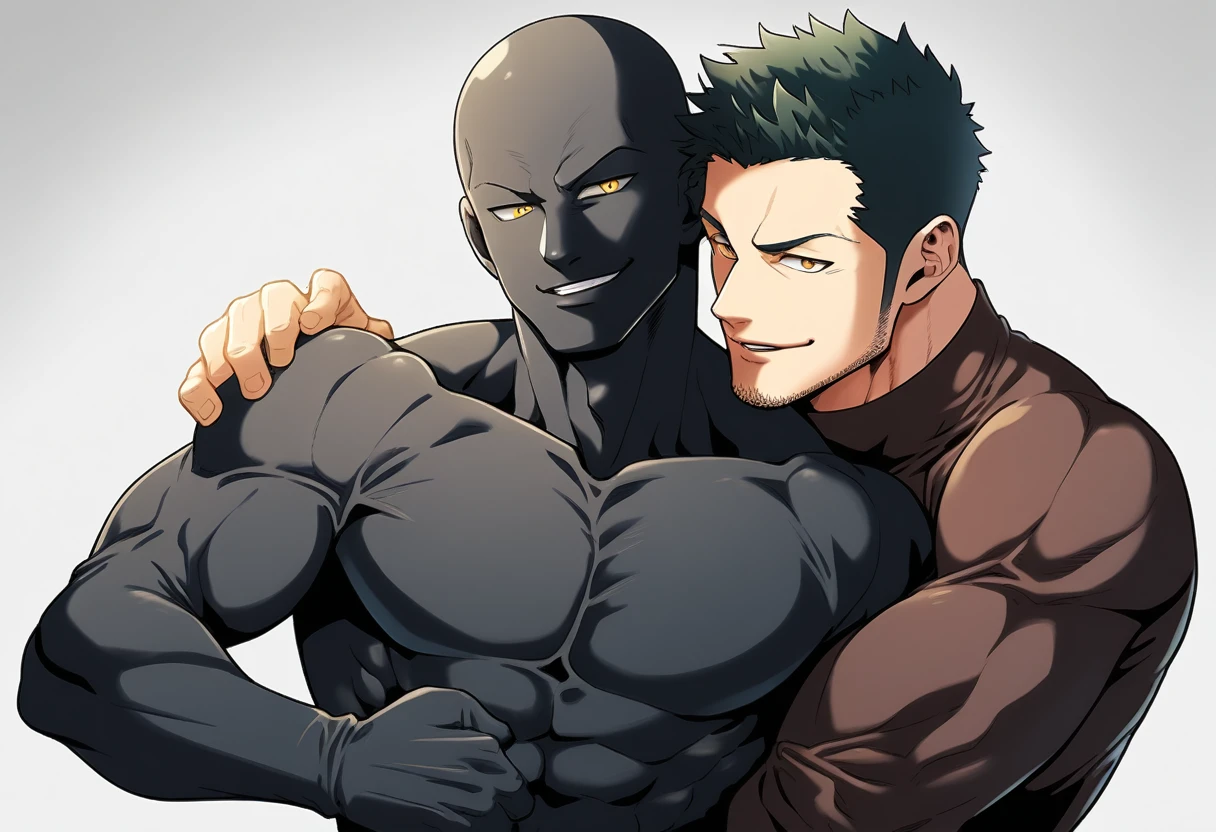 anime characters：Two superheroes in tights, Priapus and Muscle skinhead buddhist monk, ????? black skin, They hugged and kissed each other, Bite your neck, Caress, Manliness, male focus, Yellow and black high collar long sleeve tight T-shirt, Slightly transparent material, Very tight, Round, full and perky chest muscles, Muscle waist, Slightly transparent, muscular male, muscular, only, Upper body, alone, Black short hair, Thick eyebrows, stubble, Yellow eyes, Grey background, simple background, amazing quality, best aesthetics, Ridiculous, bright pupils, crew cut, parted lips, seductive smile, torogao, naughty face, drop shadow, best quality