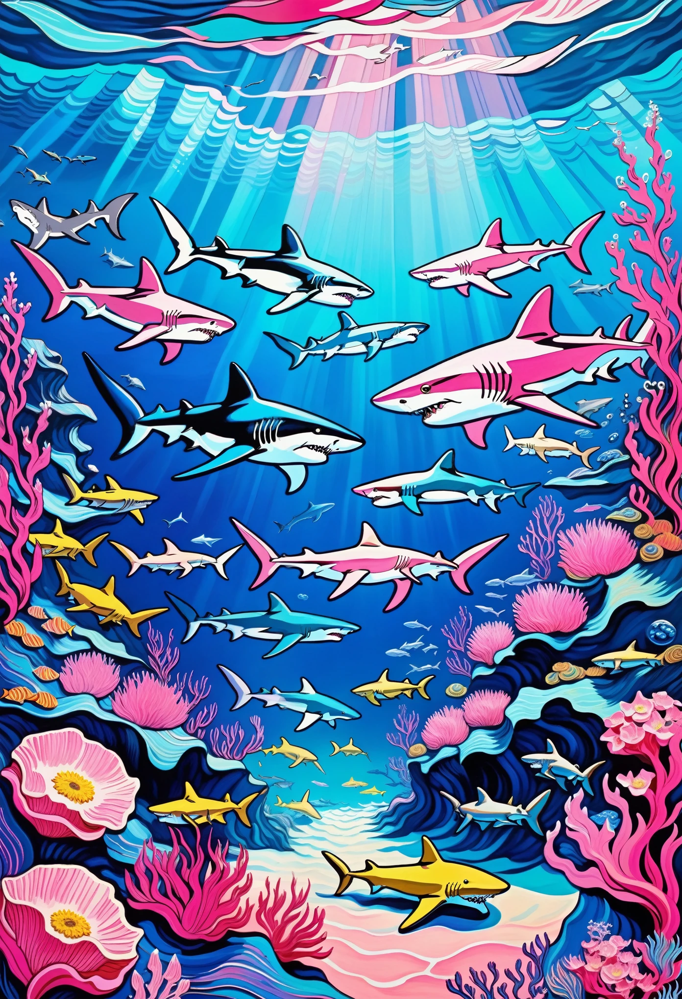 Deep blue fantasy landscape, Van Gogh style, Many cartoon sharks,Underwater swimming effect, Clear focus, Pink background,